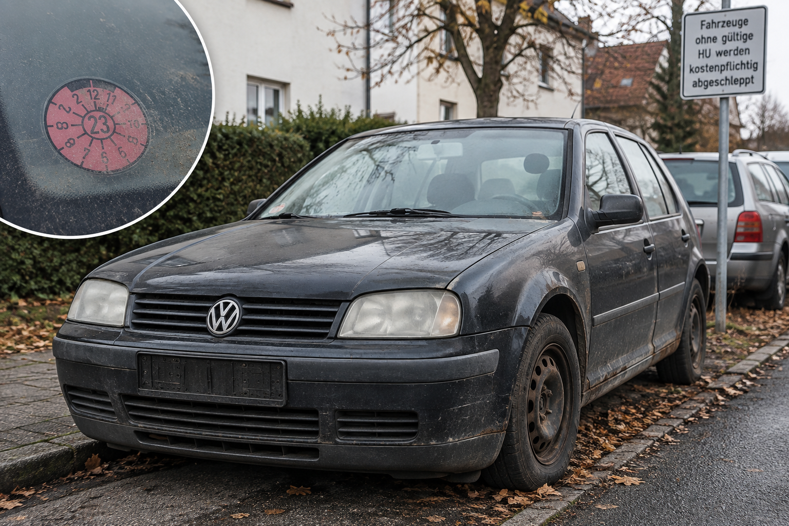 Älteres Auto ohne gültige Hauptuntersuchung auf einem Stellplatz